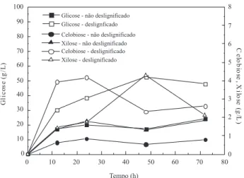 Figura 3. Concentração de glicose, de celobiose e de xilose durante as fer- fer-mentações dos hidrolisados enzimáticos