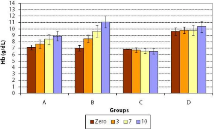 Figure  4.  Hemoglobin  concentrations  for  Lohi  sheep of different groups at days 0, 3, 7 and 10  post-medication.