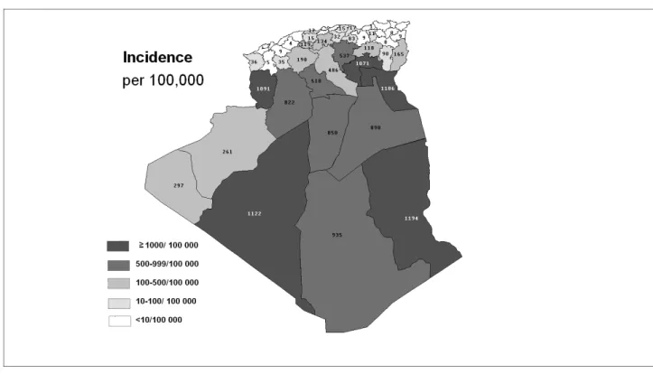 Figure 1. Geographical distribution of annual incidence of scorpion stings in Algeria (2001-2010).