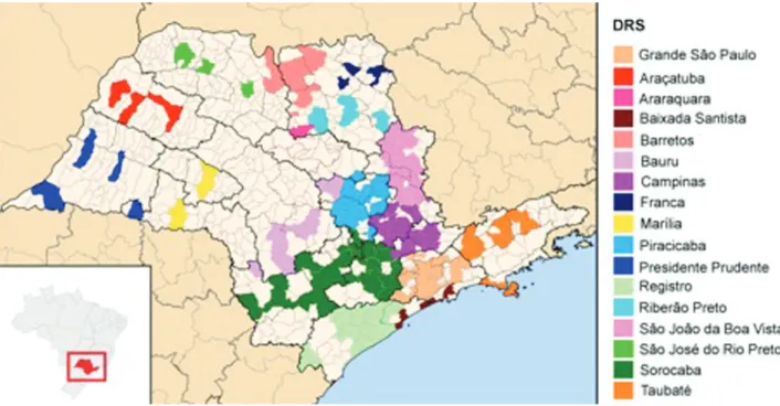 Figure 3. Geographical location of 143 municipalites, according to Regional Department of Health (DRS),  with anti- P