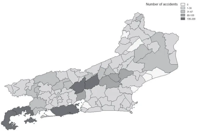 Figure 1. Spatial distribution of snakebites in Rio de Janeiro state between 2001 and 2006 (source: MS/SVS/