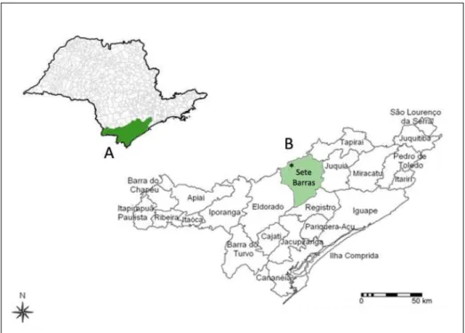 Figura 3  –  (A) Localização do Vale do Ribeira no Estado de São Paulo; (B)  Localização  de  Sete  Barras  e  do  bairro  Rio  Preto*,  no  Vale  do  Ribeira