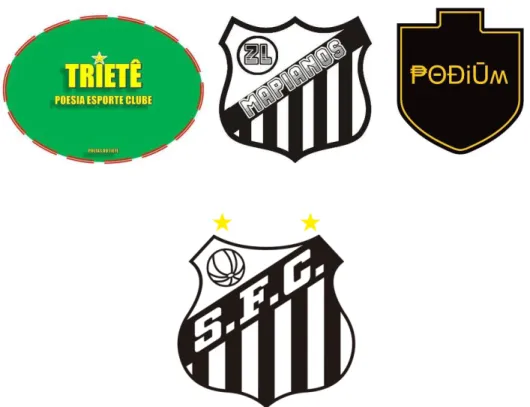 Figura 3.2. Brasões dos times Trietê, Mapianos, Podium e Santos. Fonte: Facebook e Portal Santos FC.