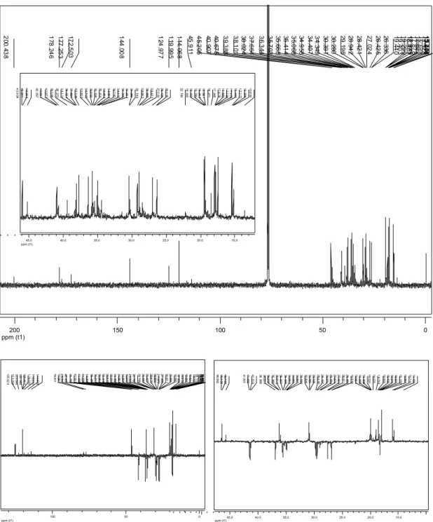 Figura 6S. Espectro de RMN de  13 C (superior) e subespectro DEPT 135° (inferior) de mistura dos itoconstituintes  2 (ácido populifólico) e 3 (ácido 2-oxopo- 2-oxopo-pulifólico) (100 MHz; CDCl 3 )