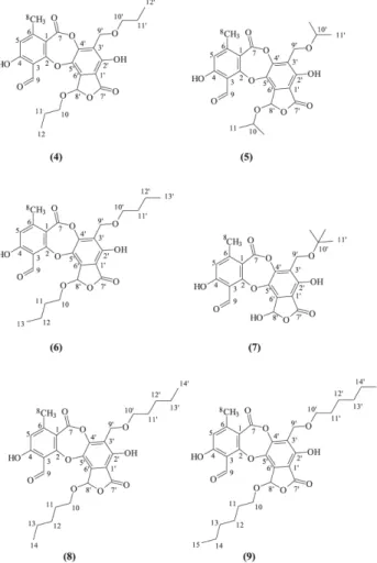 Figura 2. Ácidos O-alquil salazínicos (4) a (9), obtidos a partir de reações  do ácido salazínico com álcoois