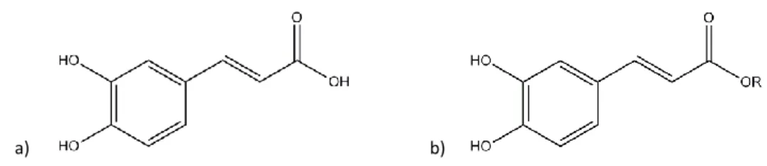 Fig. 2 – Chemical structure of a) caffeic acid and b) caffeic acid ester (R = alkyl chain)