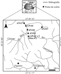 Figura 1. Localização da área de estudo e pontos de amostragem. ANA1 –  DAM do interior da mina de carvão; ANA2 – DAM após o tratamento com  CaO; ANA8 e ANA6 são amostras do córrego da Mina a 200 e 700 m,  res-pectivamente, do ponto de descarga da DAM; ANA