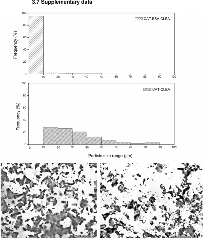 Fig. 3.1S  –  Particle size distribution for CAT-BSA-CLEAs and CAT-CLEAs prepared  at pH 7.0