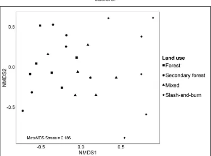 Fig. 4 Two axes of the non-metric multidimensional scaling (NMDS) ordination plot for bird communities in forest  (squares), secondary  forest (circles), mixed (triangles) and slash-and-burn (diamonds)