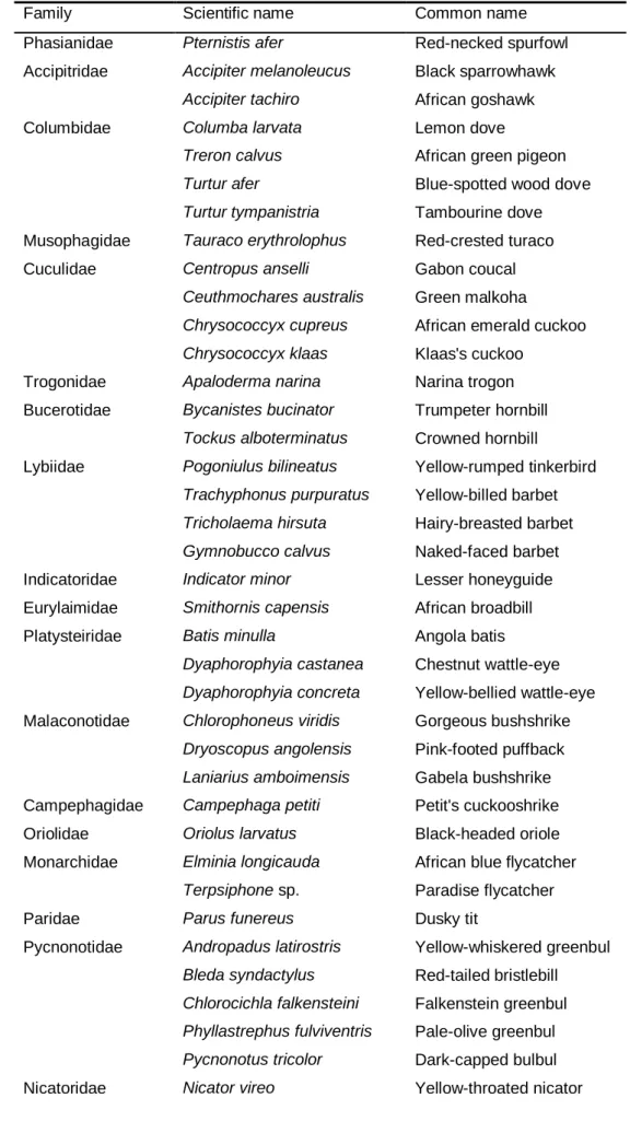 Table S3. The 73 bird species recorded during surveys in Kumbira Forest in 2012. 