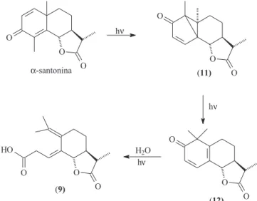 Tabela 2. Fitotoxicidade da  α-santonina e dos compostos 8, 9, 10,  12, 13, e 14, na concentração de 4 x 10 -4  M, sobre o desenvolvimento  do sistema radicular de Cucumis sativus e Sorghum bicolor, em placa  de Petri, 72 h após semeado