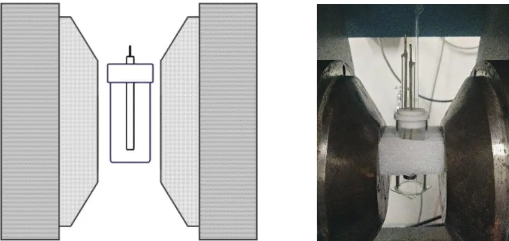 Figura 3.7 - À esquerda, esquema do posicionamento da célula no eletroímã. À direita, foto da célula  entre as bobinas do eletroímã