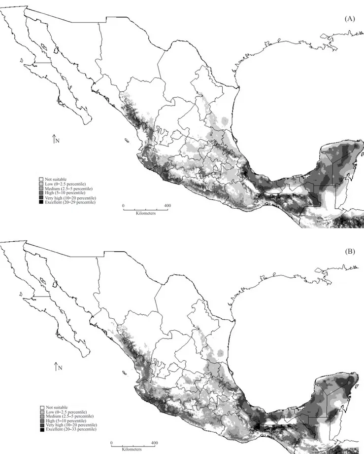 Figure 4. Suitable regions for physic nut cultivation in México, according to Worldclim database (A) and CCM3 model (B).