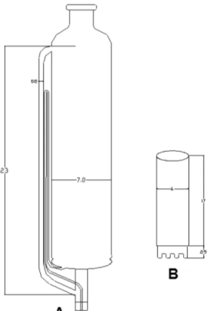 Figura  4.  Soxhlet  analítico  modificado,  onde  A  =  sistema  Soxhlet  (7  cm  de diâmetro e 23 cm de altura) e B = cartucho de vidro com base de vidro  sinterizado G3 (6 cm de diâmetro e 19,5 cm de altura - destes, 2,5 cm  cor-respondem à altura da ba