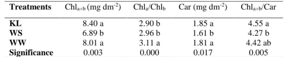 Table 6 - Total chlorophyll (Chl a+b ), chlorophyll a/b ratio, total carotenoids (Car) and chlorophyll/carotenoid ratio  of  olive  cultivar  Cobrançosa  grown  under  different  treatments  (KL  –  foliar  kaolin  applications;  WS  –  water  stressed pla