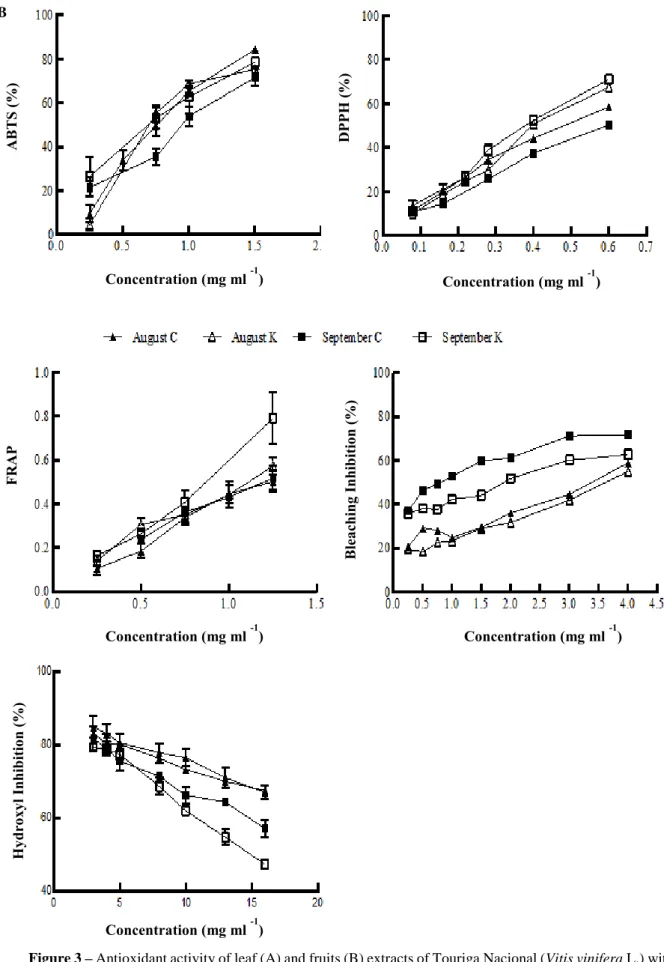 Figure 3 – Antioxidant activity of leaf (A) and fruits (B) extracts of Touriga Nacional (Vitis vinifera L.) with  (K) and without Kaolin (C) in different growth stages