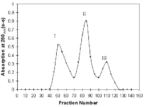 Figure 2: Gel filtration chromatography of Peak-III from Figure 3 (Lane D) on a  Sephadex G-50 column (1.5 x 60 cm)