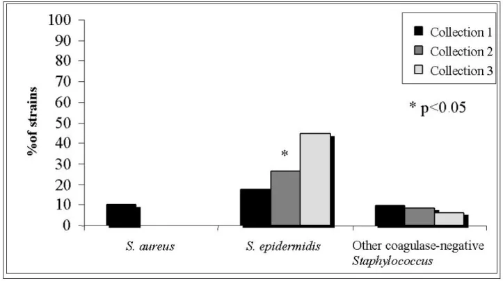 Figure 1.  In vitro resistance profile of S. aureus, S. epidermidis and other CNS  strains to oxacillin in three sample collections from 32 patients subjected to peritoneal  dialysis at home