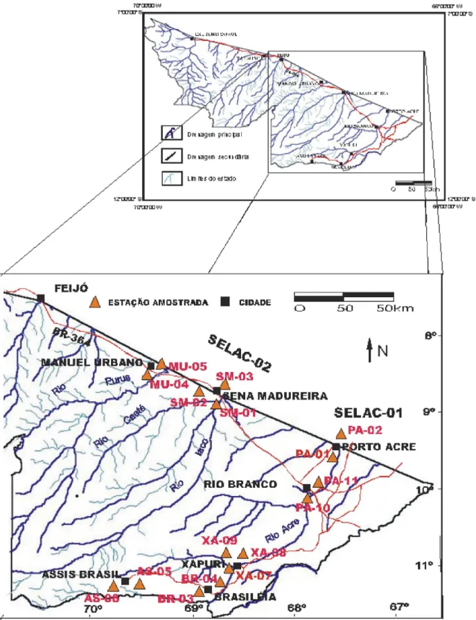 Figura 2S. Mapa de localização do estado do Acre, com indicação dos rios Acre, Iaco, Caeté e Purus