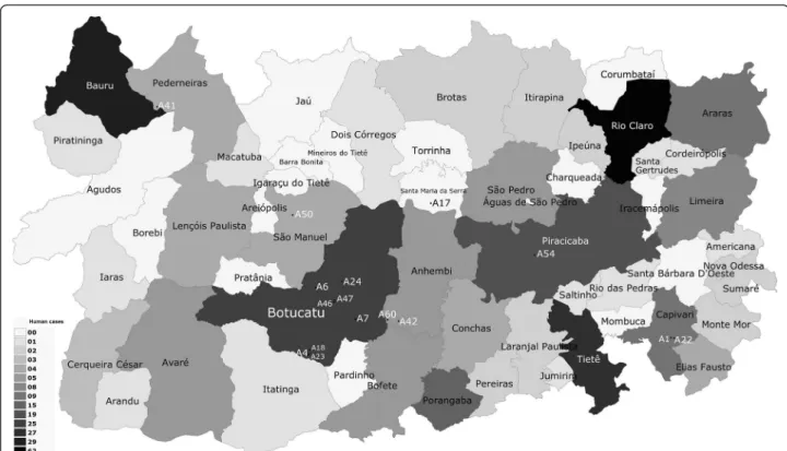 Figure 1 Geographic location of road-killed animals employed for Leishmania spp. molecular detection, correlating to the occurrence of cases of human cutaneous leishmaniasis.