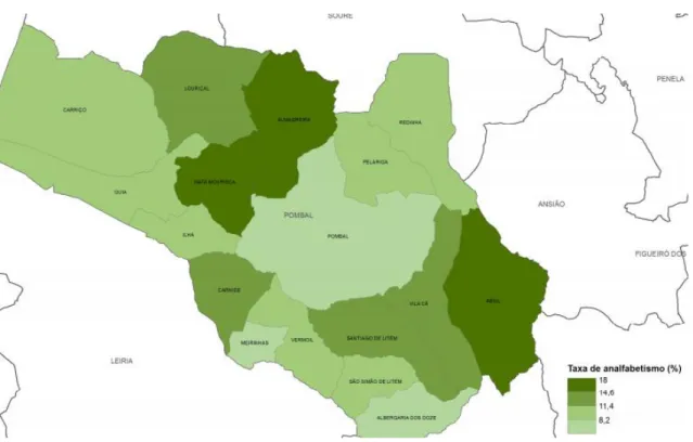 Fig. 16: Taxa de analfabetismo por freguesia, 2011  Fonte: Câmara Municipal de Pombal, 2013c (Censos 2011, INE) 