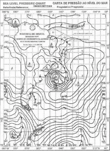 Figura 3. Carta sinótica mostrando as linhas isobáricas do Oceano Atlântico  sul e parte do Oceano Pacíico no dia 8 de setembro de 2008 às 00h00min  (horário universal)