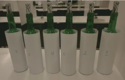 Figura 1 - Garrafas das amostras de aguardentes, previamente diluídas, a utilizar na sessão  de prova correspondente à amostragem de 24 meses.