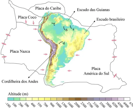 Figura  1  –  Características geológicas e  topográficas da  Placa sul-americana.  As letras representam  alguns dos  principais arcos estruturais da América do Sul: (a) Arco de Gurupa, (b) Arco de Purus, (c) Arco de Vaupes e (d)  Arco de Michicola