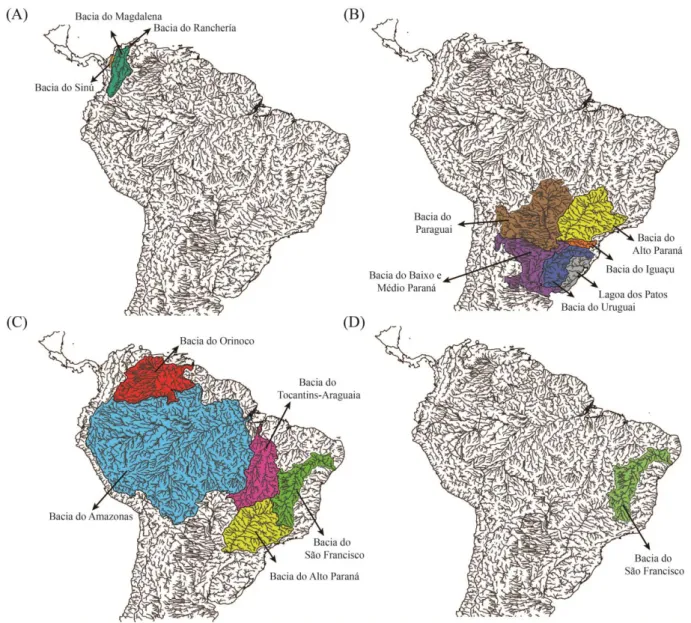 Figura 3 – Distribuição geográfica das espécies de Salminus. (A) Salminus affinis. (B) Salminus brasiliensis