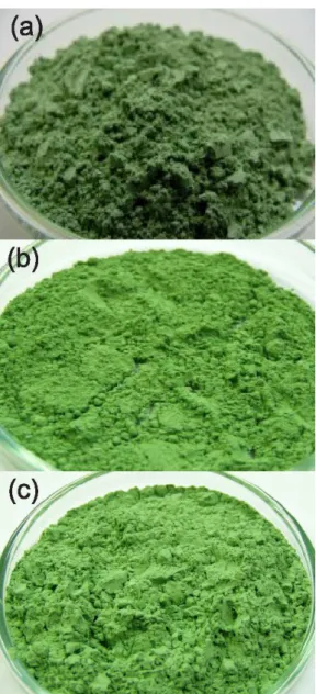 Figura 1S. Pigmentos verdes: a) A12 sem adição de bórax, b) A12/BO com adição de bórax, c) produto comercial
