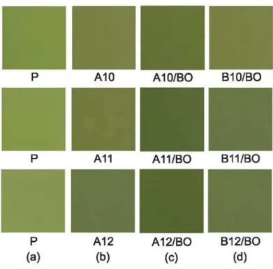 Figura 3S. Pigmentos sintetizados e aplicados em esmalte transparente: a) padrão comercial, b) grupo A; c) grupo A-/BO, d) grupo B-/BO