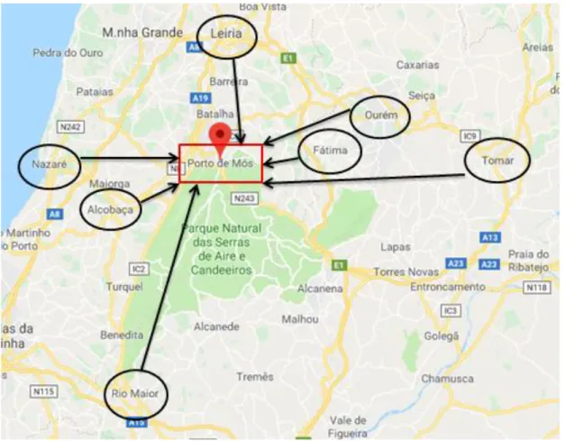 Figura 2: Posicionamento de Porto de Mós em relação a  territórios circundantes como Fátima,  Alcobaça, Leiria, Ourém, Nazaré, Rio Maior e Tomar