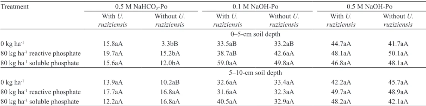 Table 3.  Mean contents (mg  kg ‑1 ) from different fractions (1)  of organic P (Po), at different soil depths, as affected by surface  broadcast application of phosphorus sources, and by  Urochloa ruziziensis cultivation (2) .
