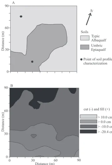 Figure 1. Spatial distribution of the soil in the experimental  area  and  points  of  soil  profile  characterization  (A);  and  topographic  map  of  the  depth  of  cuts  and  fills  in  the  experimental area after leveling (B).