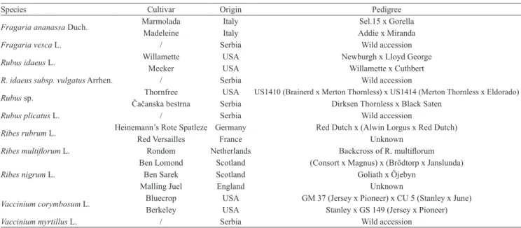 Table 1.  Analyzed species and cultivars of different berries, their origin, and parentage.