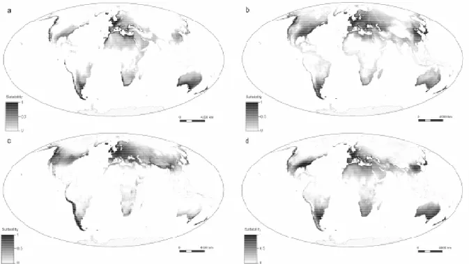 Figure  3  -  Best  performing  suitability  models  in  both  native  and  invaded  areas  for  (a)  Cherax  destructor,  (b)  Eriocheir 