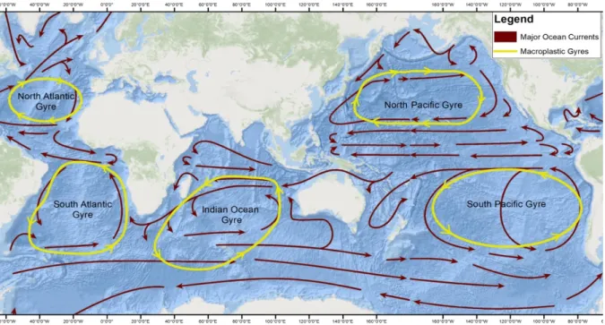 Figure 2.1. The accumulation zones of plastic that form in the five subtropical gyres (kindly  designed by Anne Sheppard) 