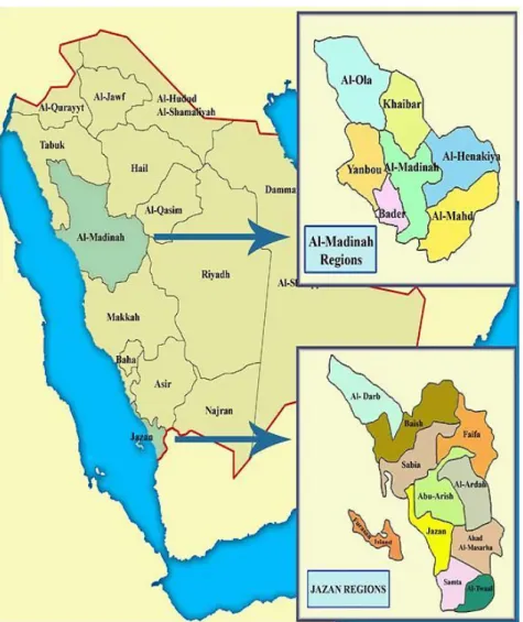 Figure 1 Map of the Kingdom of Saudi Arabia showing the two study areas of Jazan  and Al-Medina Al-Munawara Regions (reformed from Saudi Maps)