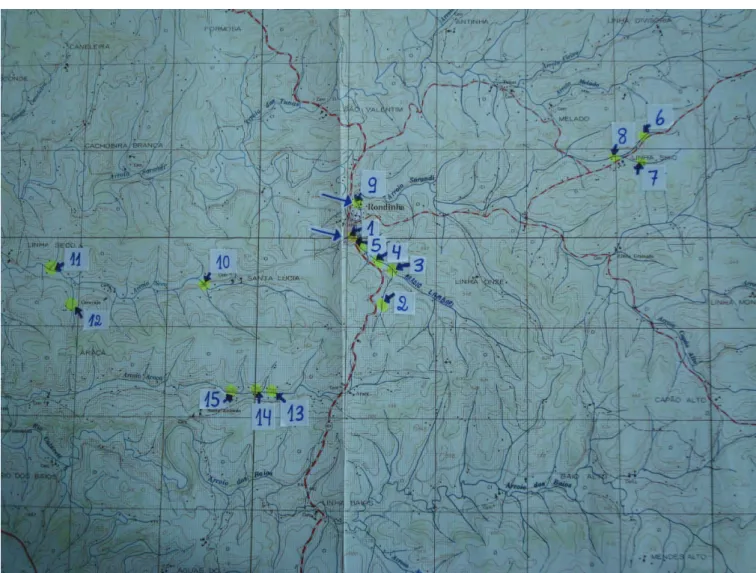 Figura 1S. Mapa do município de Rondinha com a localização dos pontos de coleta de água 1 a 15: Pontos de coleta de água