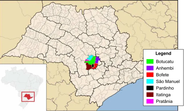 Figure 1. Cities comprising the Botucatu region – in São Paulo State, Brazil –where  the vampire bats were captured in 2008