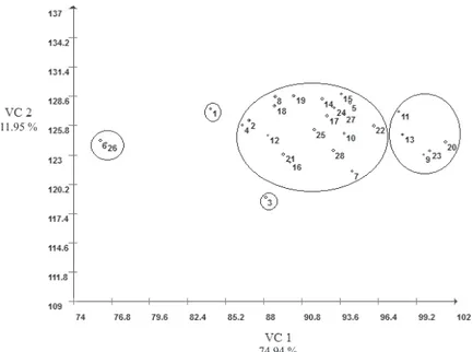 Figure 2.  Scatterplot of corn genotypes in relation with the representative axis of canonical variables (VC1 e VC2) regarding  six variables studies in corn (Zea mays L.) based on the physiological characteristics of corn seeds