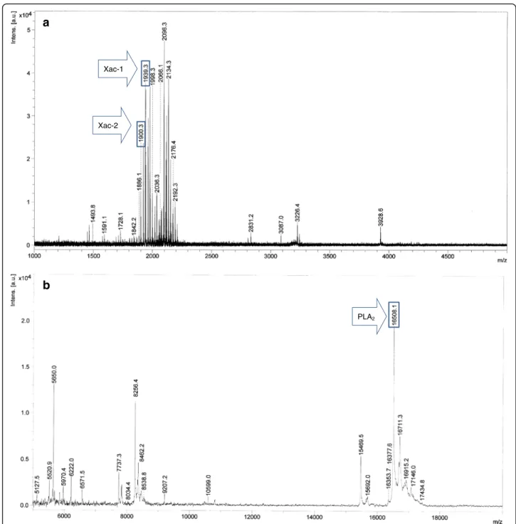 Fig. 2 MALDI-TOF MS spectra of the crude venom of X. appendiculata. Positive mode, Matrix: α-CHCA