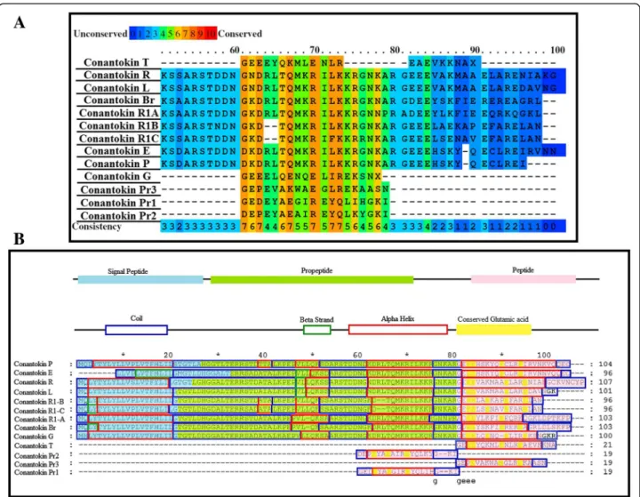 Fig. 1 a Conserved residues highlighted in conantokins. b Predicted secondary structures of all conantokins aligned