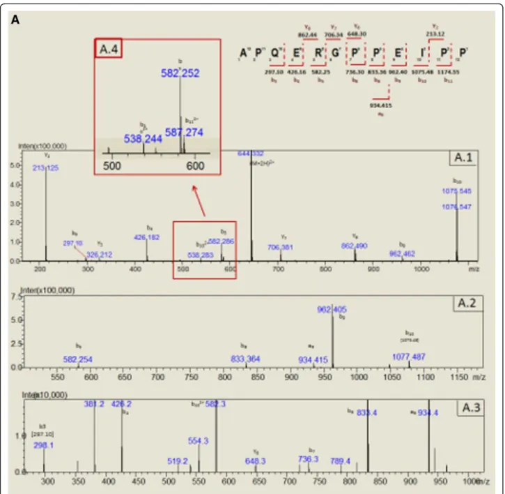 Fig. 3 Representative CIF spectra of m/z = 644.30 [M + 2H] 2+ , (A.1) MS 2 for m/z = 644.30, (A.2) MS 3 for m/z = 1075.545, (A.3) MS 4 for m/z = 962.405, (A.4) magnification of A.2 and respective annotations and sequence deduction