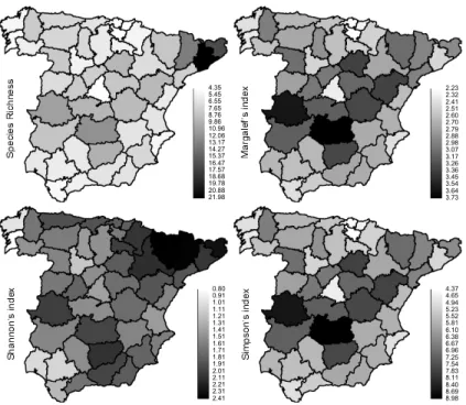 Fig. 3. Predicted values for each fox parasite diversity index in all administrative provinces of peninsular Spain.