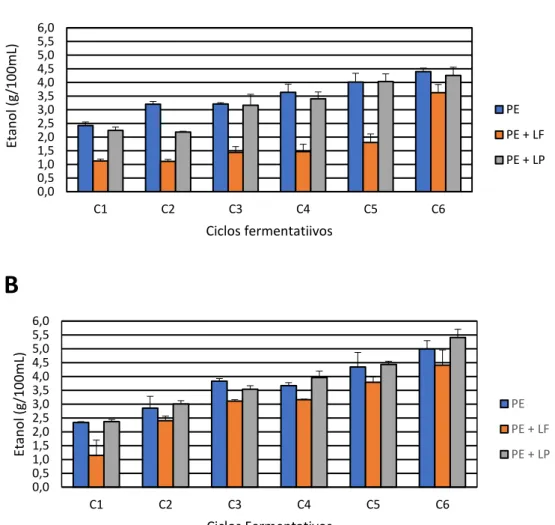 Figura 4. Produção de etanol (g/100 mL) nas fermentações desenvolvidas em caldo  de cana, com a cultura pura de S