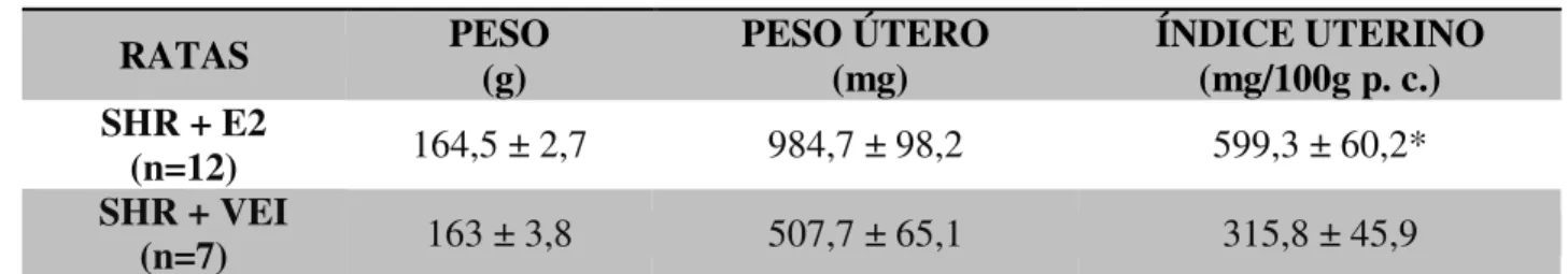 Tabela 2. Índice uterino, em mg/100g p. c., ratas hipertensas (SHR), com 8 e 9 meses de idade,  intactas, com suplementação de estrógeno (E2) ou veículo (VEI)