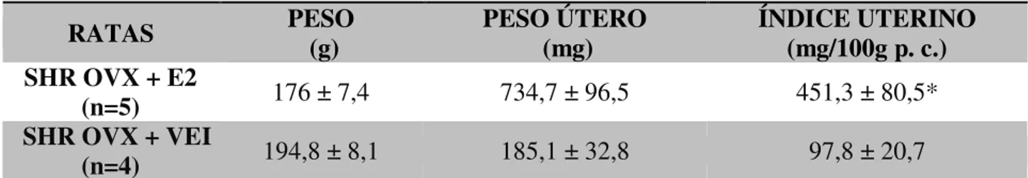 Tabela  3. Índice  uterino,  em  mg/100g  p.  c.,  de  ratas  hipertensas  (SHR)  ovariectomizadas  tratadas com estradiol (OVX+E2) ou veículo (OVX+VEI)