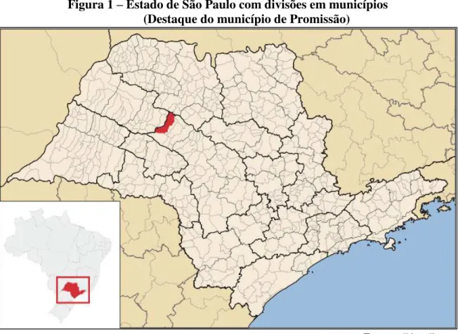 Figura 1 – Estado de São Paulo com divisões em municípios  (Destaque do município de Promissão) 