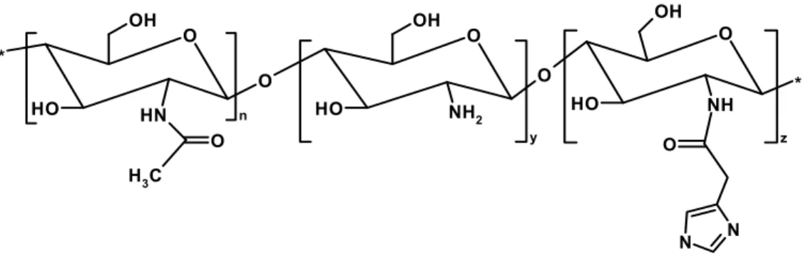 Figure 8: Chemical structure of imidazole-grafted chitosan constituted by (n) units of N-acetylated monomer,  (y) units of the deacetylated monomer and (z) units of the imidazole-grafted monomer
